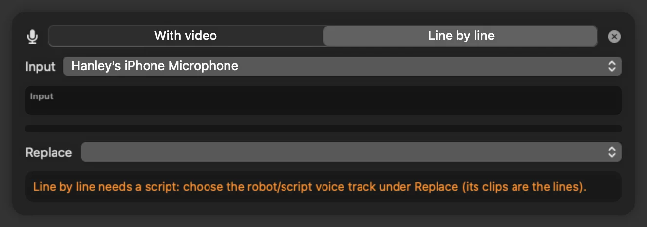 The voiceover recorder in Line by line mode.