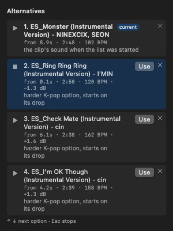 Four music alternatives with length, tempo and level, one auditioning.