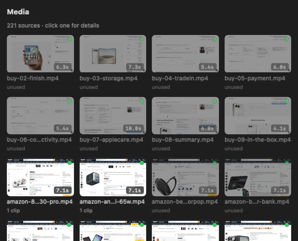 The media browser: product screen recordings with durations and clip counts.