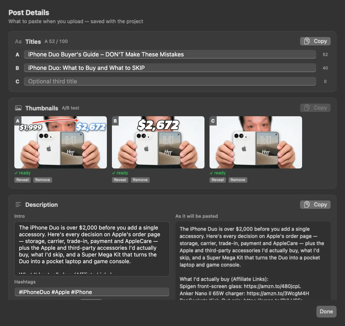 Post Details: A and B titles, three thumbnails for an A/B test, and the video description with copy buttons.