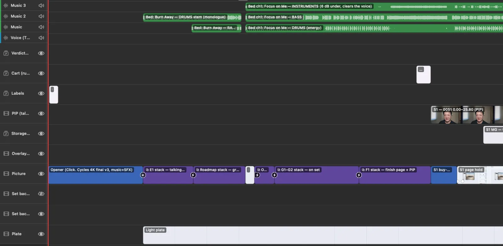 The HTCUT timeline: video rows with filmstrips, graphics rows, music and sound effect rows with waveforms.