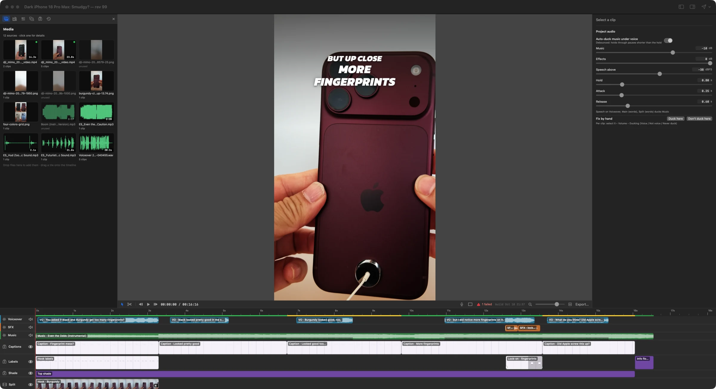 HTCUT running with a sample project, the iPhone 18 Pro Max fingerprint Short: media on the left, the vertical viewer showing a burgundy iPhone with the caption 'But up close, more fingerprints', project audio settings on the right, and the timeline below with voiceover, sound effect, music, caption, label and footage rows.