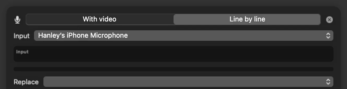 The voiceover recorder: record with video or line by line, with the microphone input picker.